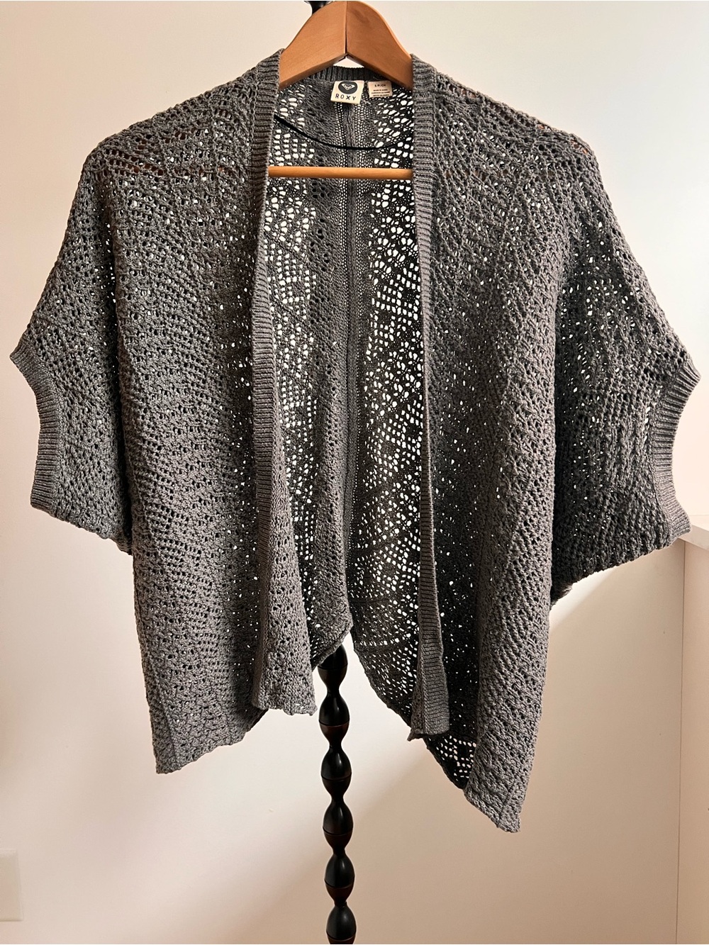 Roxy Open-Knit Charcoal Gray Crochet Cardigan Shrug